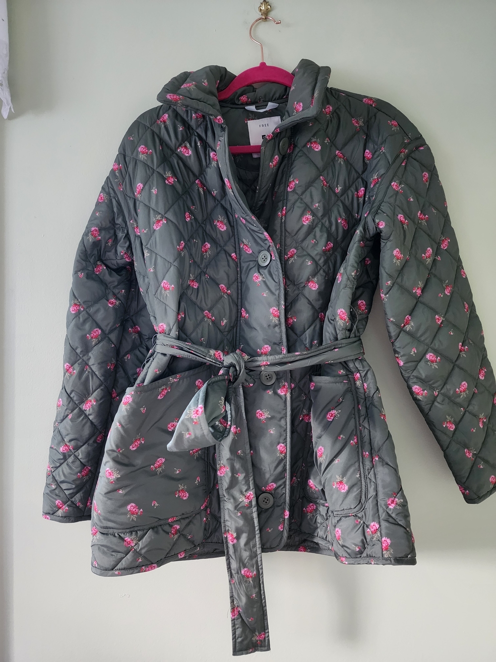 Quilted Belted Jacket - Green with Pink Floral